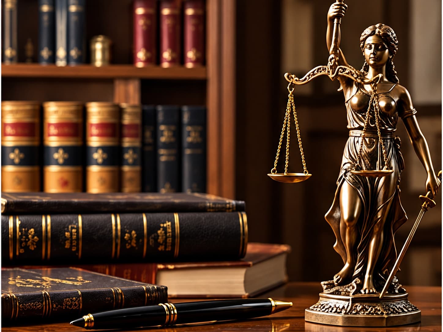 A bronze statue of Lady Justice holding balance scales, in a law library