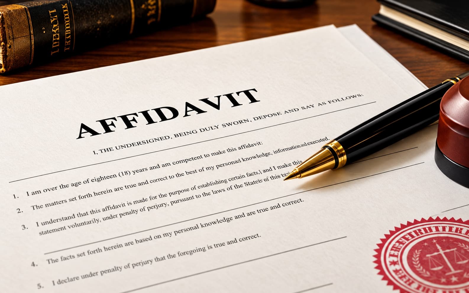 A signed affidavit with a pen and a seal