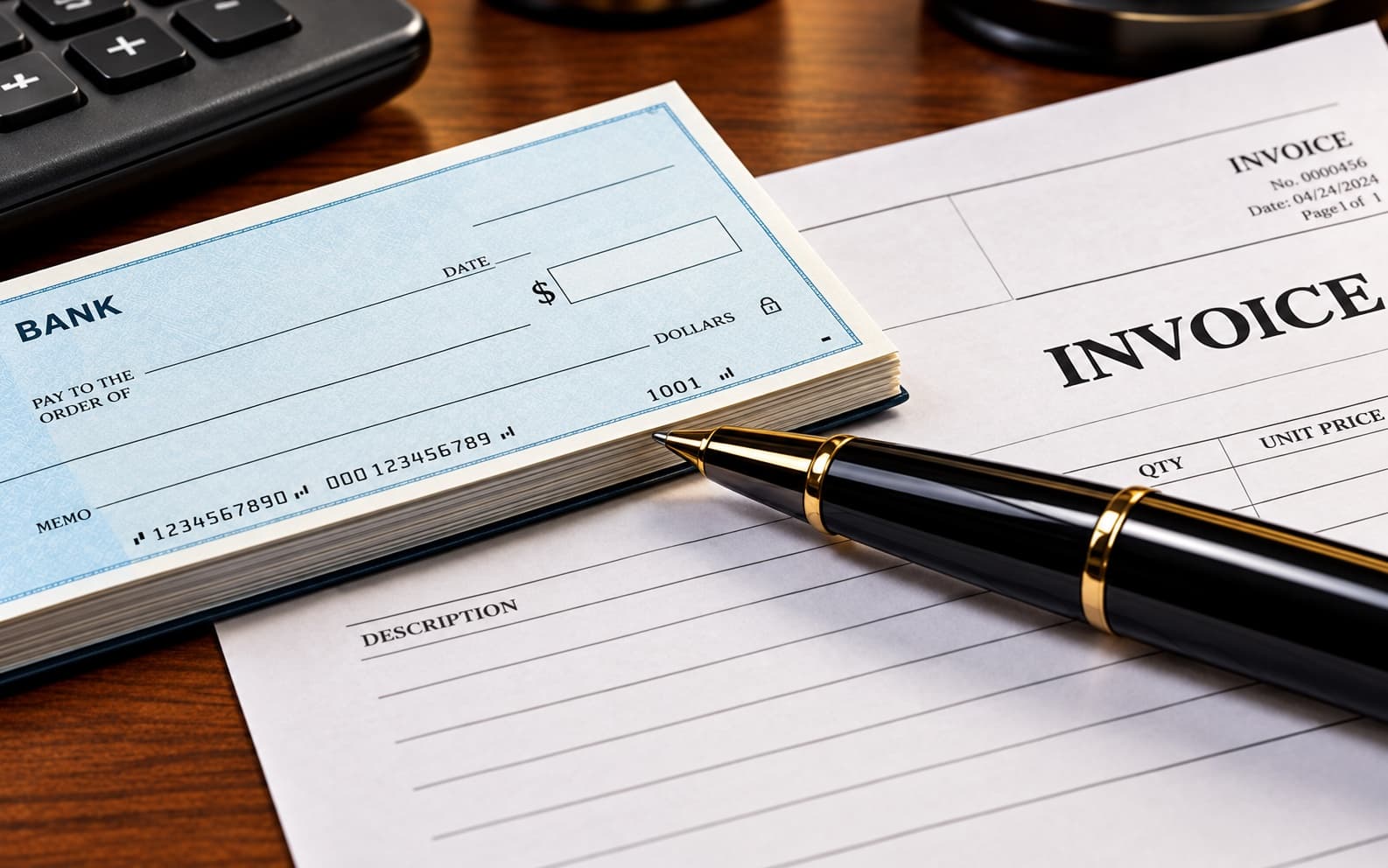 A cheque book, a bank passbook and consumer invoice documents