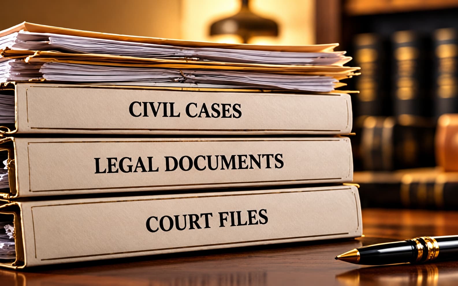 A stack of court case files and legal case books on a desk