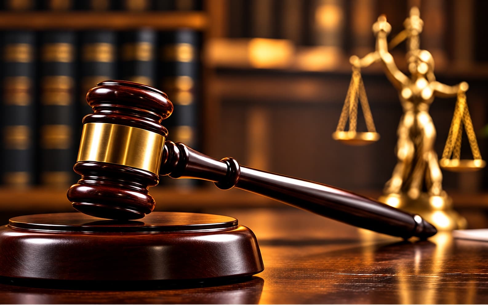 A judge's gavel and a pair of scales of justice resting on a bench